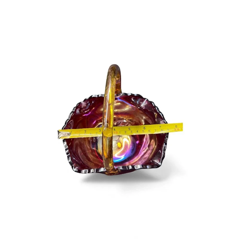 Carnival Glass Candy Dish Basket Hobnail Handle Iridescent Ruby Red Amber